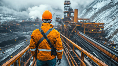 View of Mining Operations and Industrial Infrastructure With Worker Overlooking Extraction Site at a Power Plant During Cloudy Weather Generative AIの素材