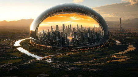 Innovative Megacity Under a Dome Showcases Integration of Sustainability, Technology, and Renewable Energy for a Brighter Ecofuture Generative AIの素材