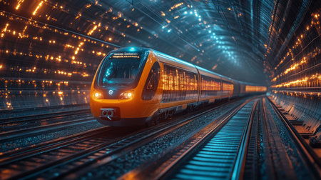 Innovative Autonomous Train Navigating a Futuristic Tunnel With Advanced Lighting Technology Enhancing Transportation Efficiency Generative AIの素材