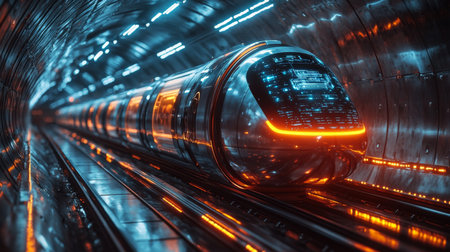 Innovative Autonomous Smarttrain Traversing a Futuristic Transport Tunnel Illuminated by Neon Lights Showcasing Advanced Automation and Control Systems Generative AIの素材