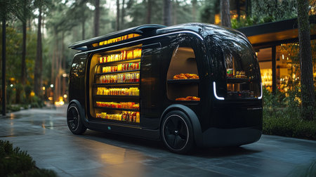 Innovative Autonomous Delivery Vehicle Equipped for Last Mile Logistics in an Urban Forest Environment Generative AIの素材