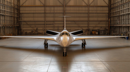 Innovative Aircraft Design Showcased in Large Hangar With Sleek Metallic Finish During Daytime Generative AIの素材