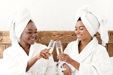 Two pretty black ladies drinking champagne, having spa dayの写真素材