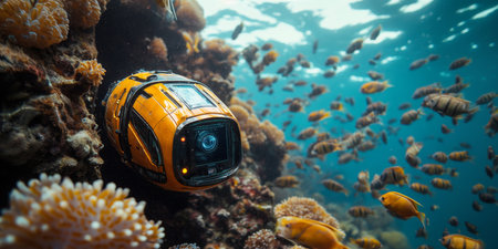 Exploring ocean depths with an underwater robot in vibrant coral habitat Generative AIの素材
