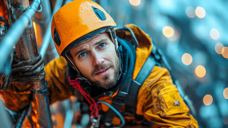 Climber Performing Excavation Work on a Construction Site During a Rainy Day While Wearing Safety Gear and Harness Generative AIの素材