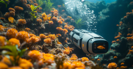 Exploring ocean depths with a robotic submarine in vibrant coral reef Generative AIの素材