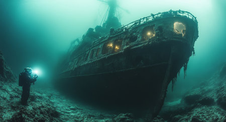 Diving exploration robot investigates a sunken submarine in ocean depths Generative AIの素材