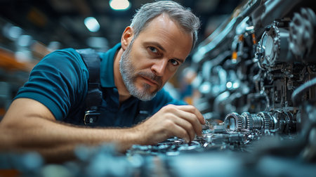 Expert Technician Performing Precision Adjustments on Complex Machinery in a Modern Manufacturing Facility, Focusing on High Quality Engineering and Mechanical Performance Generative AIの素材