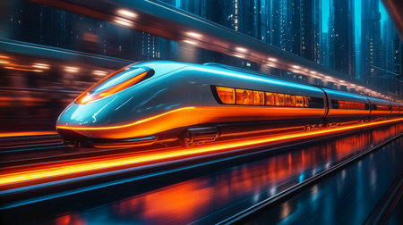 Dynamic Movement of a Futuristic Smart Train Navigating Through an Illuminated Urban Landscape Showcasing Advanced Transportation Technology Generative AIの素材