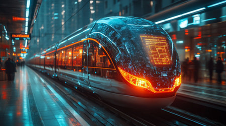 Advanced Smarttrain Showcasing Automation and AI Technology in a Modern Urban Transportation Hub Generative AIの素材