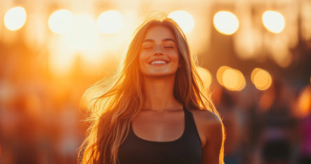 Smiling woman in sporty attire enjoying a pastel sunset at an outdoor event Generative AIの素材
