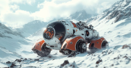 Robot exploring a distant planet during an expedition in a snowy landscape Generative AIの素材