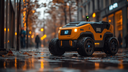 Autonomous Delivery Robot Navigating a Wet Urban Sidewalk Equipped for Last Mile Logistics During a Rainy Evening Generative AIの素材
