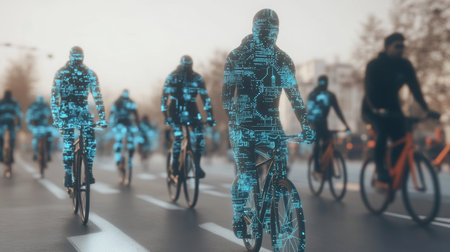 Cyclists in a Futuristic Society Navigate a Digital Landscape Governed by Artificial Intelligence and Virtual Identities Generative AIの素材
