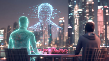 Exploring Identity and Existence in a Futuristic Society Governed by AI Through a Digital Avatar Interacting With a Human in a Vibrant City Generative AIの素材
