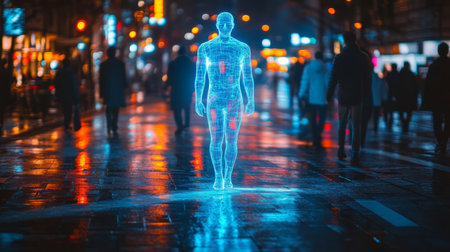 Virtual Avatar Stands in the Bustling Streets of a Future City, Reflecting a Blend of Technology and Human Identity in a Vibrant Urban Landscape Generative AIの素材