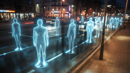Virtual Avatars Representing Future Life in a Posthuman Society Populated by Holograms in a Neon Lit Urban Environment at Night Generative AIの素材