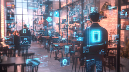 Exploration of Identity and AI Governance in a Future Society Through a Holographic Interface in a Vibrant Metahuman Cafe Setting Generative AIの素材