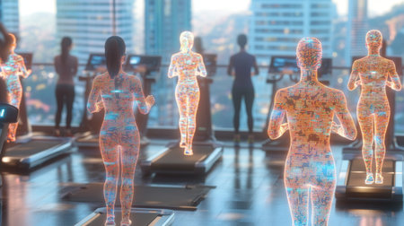 Futuristic Society Engages in AI governed Fitness Routine in a Virtual Environment Featuring Digital Avatars and Holographic Displays Generative AIの素材