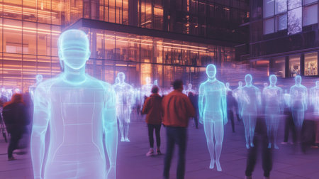 Exploring the Future of Society With Holographic Avatars in a Vibrant Virtual Environment at Dusk Generative AIの素材