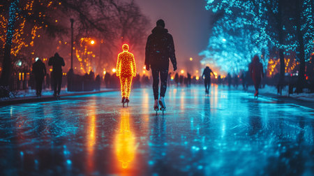 Illuminated Figures Glide Through a Futuristic Virtual Landscape, Showcasing the Integration of AI Governance and Metahuman Identity in a Posthuman Society Generative AIの素材