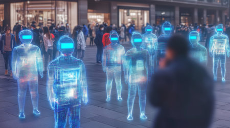 Exploration of Virtual Reality and AI governance in a Futuristic Society With Metahumans and Holograms in a Bustling Urban Environment Generative AIの素材