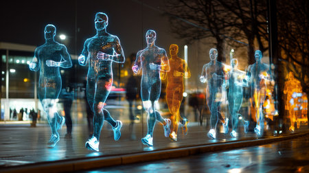 Virtual Avatars Run in a Futuristic Society Showcasing AI governance and Posthuman Identity in Illuminated Cyberspace at Night Generative AIの素材