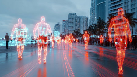 Futuristic Urban Landscape Showcasing Holographic Avatars Walking Along a Virtual Waterfront at Dusk, Blending Physical and Digital Identities in Cyberspace Generative AIの素材