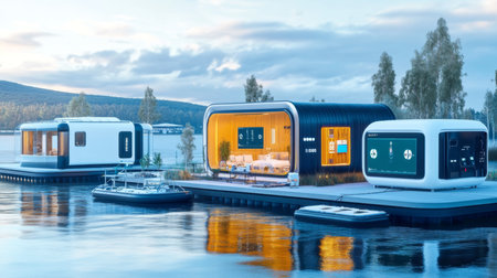 Modern Floating Homes Showcase Sustainability and Innovation in a Serene Water Landscape Designed for Eco Friendly Living and Renewable Energy Solutions Generative AIの素材