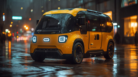 Innovative Urban Autonomous Delivery Vehicle Designed for Efficient Last Mile Logistics in a Modern City Environment at Night Generative AIの素材