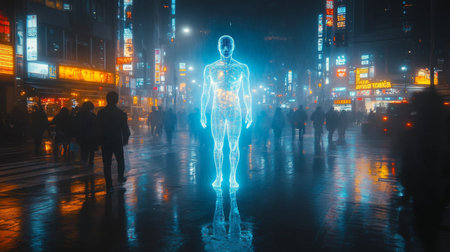 Exploration of Posthuman Identity in a Vibrant, Virtual Cityscape Governed by Artificial Intelligence in the Future Generative AIの素材
