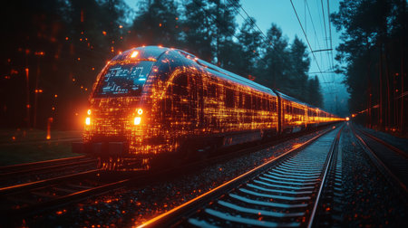 High tech Autonomous Smarttrain Navigating Through a Futuristic Landscape in a Dusk Setting With a Focus on Advanced Logistics and Transportation Systems Generative AIの素材