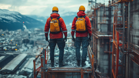 Workers Oversee Energy Infrastructure Development at a Mining and Metallurgy Site in a Mountainous Region, Highlighting the Extraction and Generation of Resources Generative AIの素材