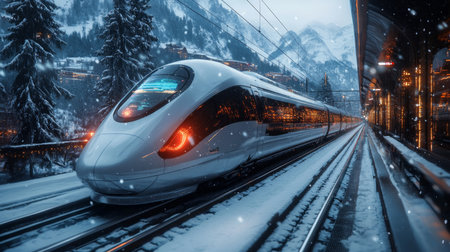Snow covered Smart Train Arrives at Station as Automation Enhances Mobility in Mountainous Region Generative AIの素材