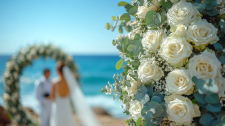 Couple Celebrates Wedding Ceremony on a Beautiful Beach Surrounded by Elegant Floral Decorations and a Calm Ocean Backdrop During a Sunny Day Generative AIの素材