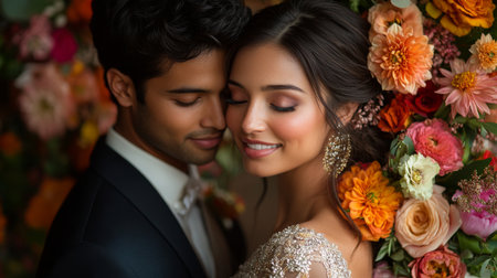 Couple in Formal Attire Embraces in Front of Vibrant Floral Backdrop During Romantic Celebration in a Lush Garden Setting Generative AIの素材
