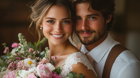 Couple Shares Joyful Moment in a Rustic Setting During an Outdoor Wedding Ceremony in Summer Light Surrounded by Flowers and Greenery Generative AIの素材