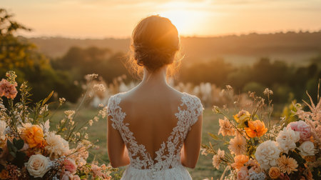 Sunset Wedding Ceremony With a Bride Dressed in an Elegant Gown Surrounded by Floral Arrangements in a Picturesque Outdoor Setting Generative AIの素材