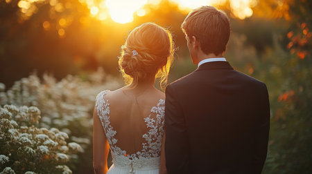 Couple Enjoying a Romantic Sunset While Embracing in a Beautiful Garden, Surrounded by Wildflowers and Greenery During a Summer Evening Generative AIの素材