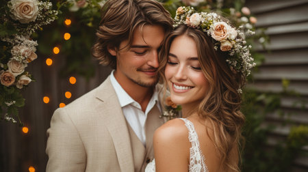 Couple in Love Celebrating Their Wedding With Floral Arrangements and Warm Lighting in a Beautifully Decorated Outdoor Venue During the Golden Hour Generative AIの素材