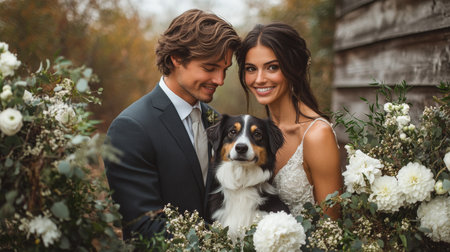 Couple in Elegant Wedding Attire Poses With Their Dog Framed by Beautiful Flowers in a Serene Outdoor Setting on a Calm Day Generative AIの素材