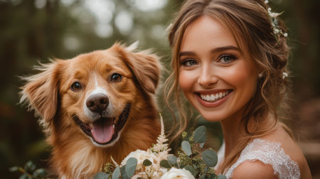 Joyful Bride Posing With Golden Retriever Dog Among Lush Greenery During an Outdoor Wedding Celebration in the Afternoon Light Generative AIの素材