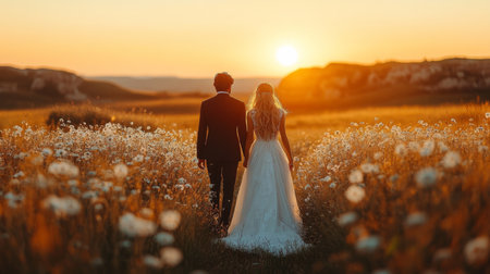 Couple Walks Hand in Hand Towards Sunset in Golden Field After Wedding Ceremony in Rural Countryside Generative AIの素材