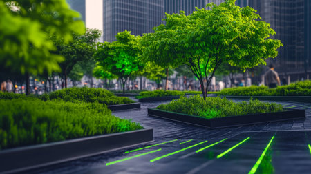 Urban Landscape Showcasing Greenery and Sustainable Architecture in a Vibrant Smart City During the Daytime Generative AIの素材