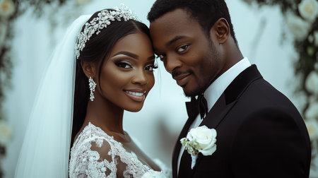 Couple Celebrates Love During an Elegant Wedding Ceremony, Showcasing a Joyful Moment of Connection and Happiness, Surrounded by Floral Decorations and Soft Lighting in a Beautiful Venue Generative AIの素材