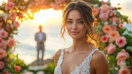 Beautiful Bride Poses in Front of Floral Arch at Sunset With Groom in the Background Near the Ocean Generative AIの素材