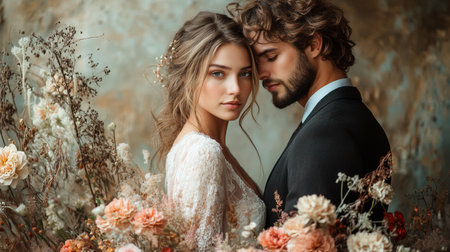 Couple Embraces in Elegant Wedding Attire Surrounded by a Floral Arrangement in a Softly Lit Interior Setting Generative AIの素材