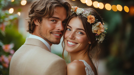 Young Couple Celebrates Love in a Beautiful Outdoor Wedding Surrounded by Blooming Flowers and Soft Lighting During Golden Hour Generative AIの素材