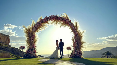 Couple Stands Together in Silhouette Under Floral Arch at Sunset in a Serene Outdoor Wedding Location Generative AIの素材