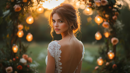 Elegant Bride Stands Gracefully in a Floral Arch Illuminated by Warm Lights During a Sunset Wedding Ceremony in a Serene Outdoor Setting Generative AIの素材